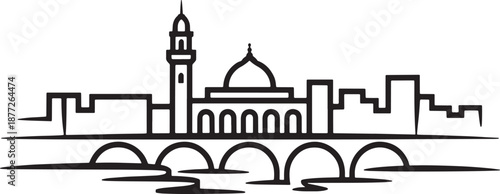 Historical city skyline vector illustration ancient architecture landmark bridge silhouette