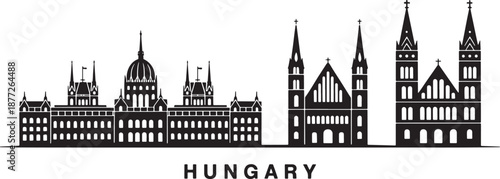 Hungary skyline with famous buildings in black silhouette style
