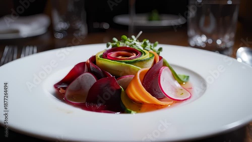 Elegant Plated Vegetable Salad Dish Presentation in Restaurant