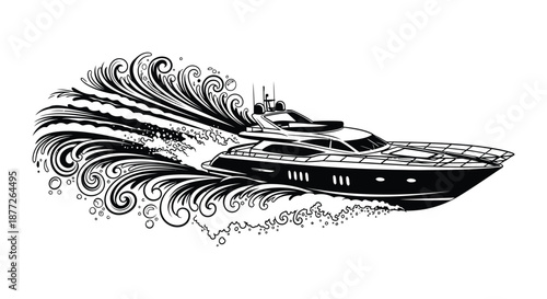 A striking black and white illustration of a speeding boat cutting through powerful waves silhouette