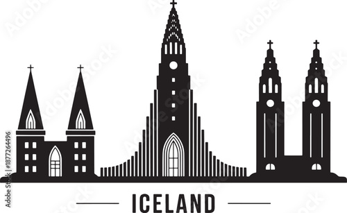 Iceland skyline with iconic churches and famous landmark silhouette
