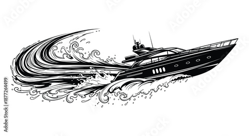 Dynamic yacht cutting through waves a striking black and white illustration silhouette