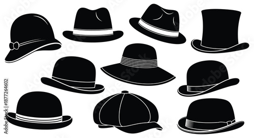 collection of various black hat styles and designs silhouette high quality professional detailed
