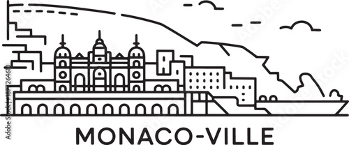 Monaco Ville Monte Carlo skyline line art famous palace port view travel vector