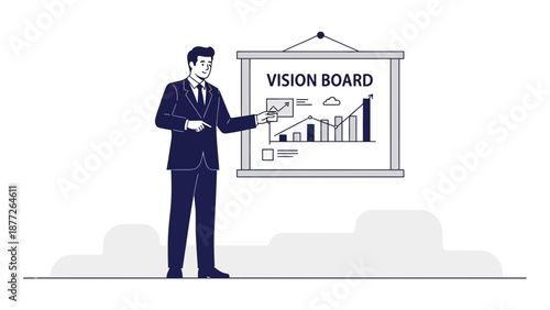 Businessman Presents Vision Board with Growth Charts and Graphs