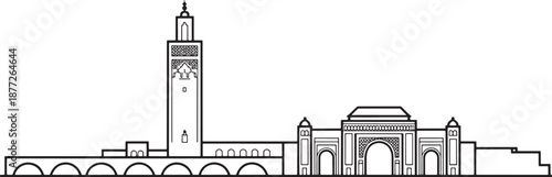 Mosque exterior outline featuring tall minaret and grand arched entrance detailed drawing
