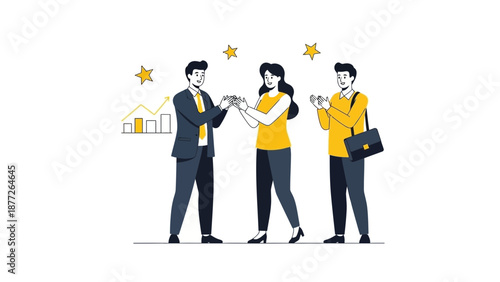 Teamwork success, business people celebrating achievement with stars and graph