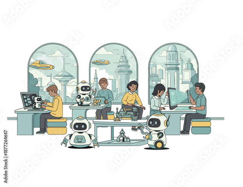 Kids Learning Robotics and Mathematics on Blackboard in STEM Classroom
