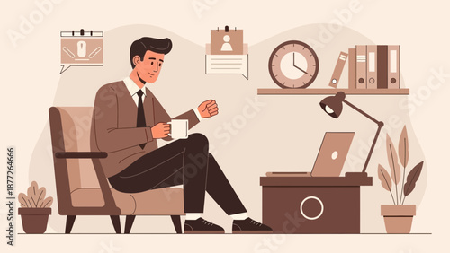 Man working at home office, drinking coffee, laptop and desk