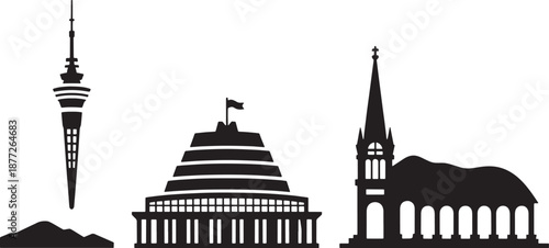 New zealand landmarks skyline silhouette vector. tourism attractions architecture panorama