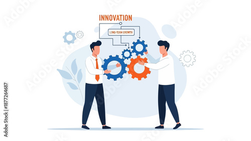 Businessmen collaborating on innovation with gears, teamwork concept