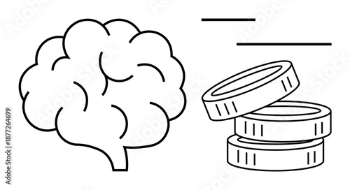 Economic behavior, financial planning, cognitive processes, decision-making, investment, brain health. Brain and stack of coins in minimal line art. Economic behavior and financial planning concepts