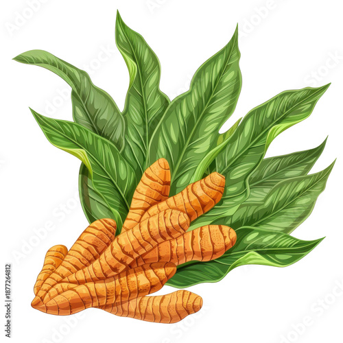 Vibrant turmeric roots surrounded by lush tropical leaves isolated on white background