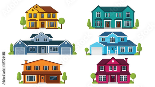 Collection of six colorful modern suburban house illustrations displayed together