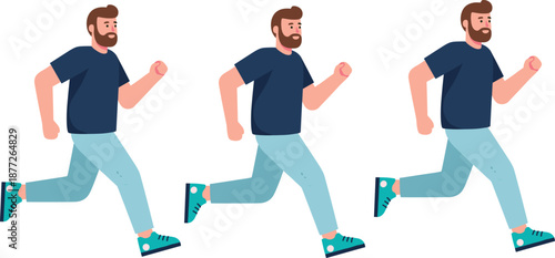 Man running sequence illustration showing jogging motion, fitness exercise and healthy lifestyle flat vector design
