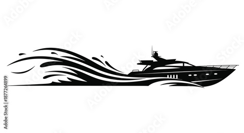 Dynamic black yacht speeding through water with stylized waves a captivating artistic silhouette