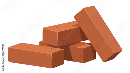 Stacked illustration of several reddish brown clay bricks against white background