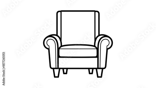 Simple black and white outline drawing of a comfortable armchair icon