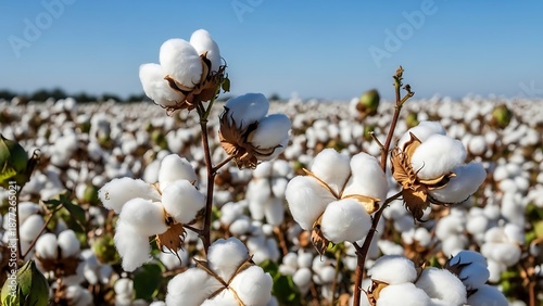 A close-up view of a vibrant cotton field under a clear blue sky, ready for harvest