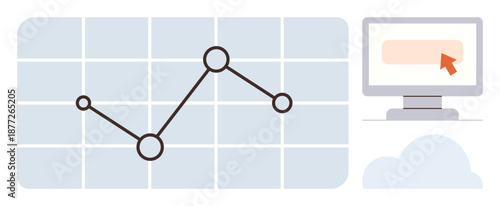 Data analysis, analytics, technology trends, cloud computing, business growth, performance tracking. Line graph on a grid, computer screen and cloud icon. Data analysis and technology trends concept