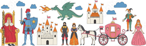 Medieval fairy tale characters set with king, knight, princess, dragon, castle and royal carriage vector illustration