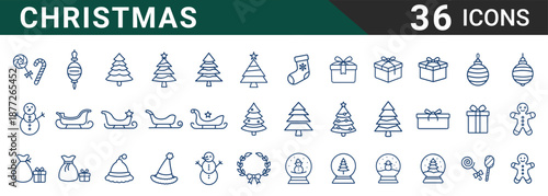 Christmas icons set including trees, gifts, snowman, and festive symbols