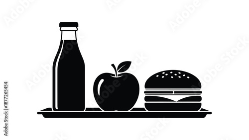 Silhouette of meal tray showing a drink bottle an apple and hamburger icon