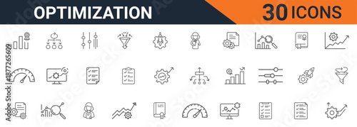 Collection of thirty clean line art vector icons representing various concepts related to business optimization process improvement efficiency and performance analytics.