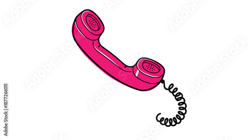 Bright pink telephone receiver illustration with coiled cord dangling