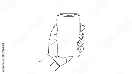 Minimalist continuous line drawing of a hand holding a blank smartphone