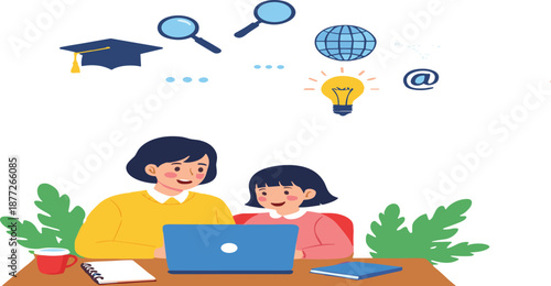 Online learning concept illustration with parent and child using laptop, education icons, e-learning and homeschooling vector