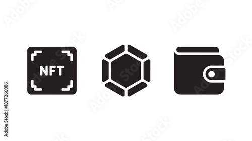 Blockchain NFT wallet icons in minimalist style with simple black and white color scheme for digital finance
