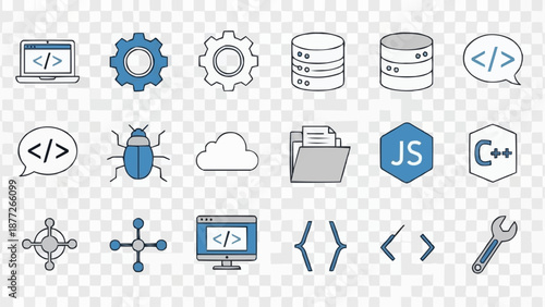 Collection of technology and programming icons for digital use.