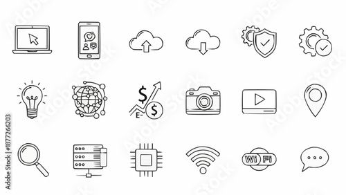 Collection of technology and business icons in a simple line art style.