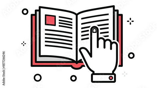 Finger pointing at text inside an open instruction manual or book
