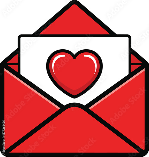 A vibrant red cartoon envelope open to reveal a white letter with a glossy red heart symbol.