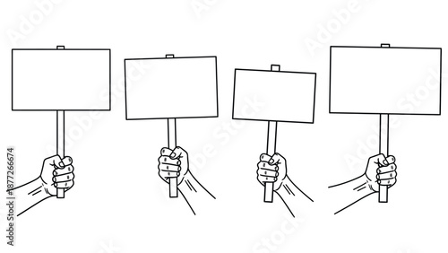 Four different hands holding blank protest signs ready for messages