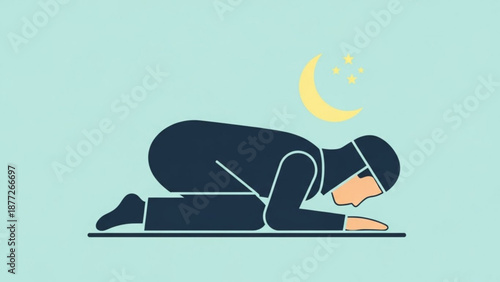 Muslim man praying in sujood position Islamic prayer illustration concept of faith and devotion at night simple flat vector design
