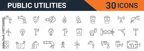 Comprehensive vector illustration set featuring thirty essential line icons representing various public utility services including water, electricity, gas, and waste management systems.