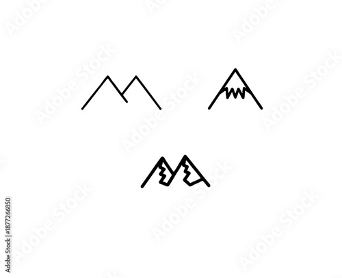 Mountain line art icons set with peak summit and snowy ridge outlines in black and white