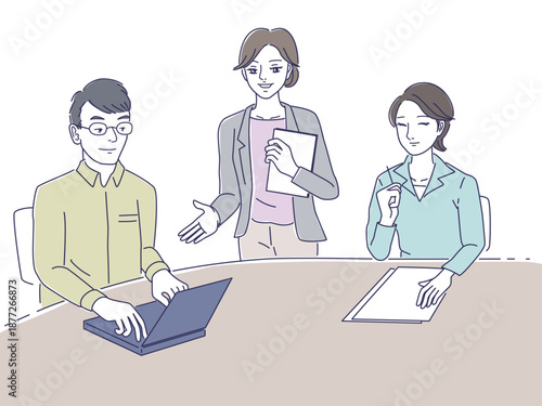 ミーティング中の3人の人物イラスト