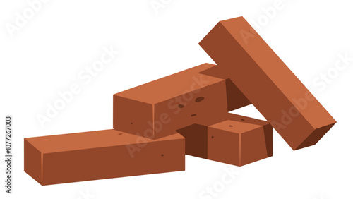 Pile of four reddish brown clay building bricks stacked randomly isolated