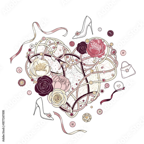 Elegant heart shaped floral design with high heels and handbag