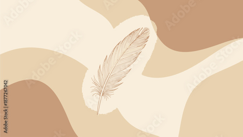 Delicate Feather Floating on a Soft, Earth-Toned Abstract Background with Flowing Curves