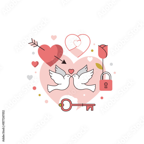 Romantic heart symbols with doves and love icons