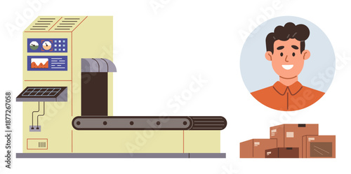 Logistics, automation, shipping, delivery services, inventory, warehouse management. Factory conveyor belt with boxes and a smiling worker. Logistics and automation concept