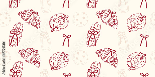 Hand drawn bakery seamless pattern with croissant, baguette and bows. Cute French pastry aesthetic wallpaper for fabric.