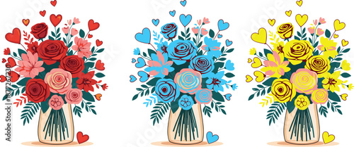 Romantic rose bouquet illustration set in red blue and yellow colors with hearts decorative floral design