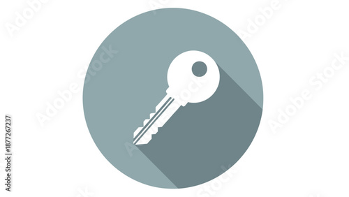 Simple white key icon with long shadow inside a blue circle