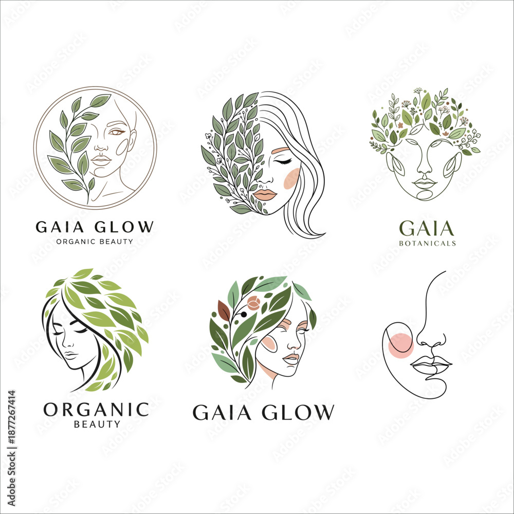 Fototapeta premium Collection of organic beauty logos with women and foliage on white
